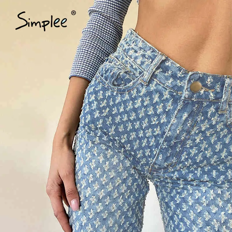 Yüksek Sokak Desen Edge Denim Bahar Moda Yırtık Delik Kadın Düz Pantolon Serin Vintage Bel Kot 210414