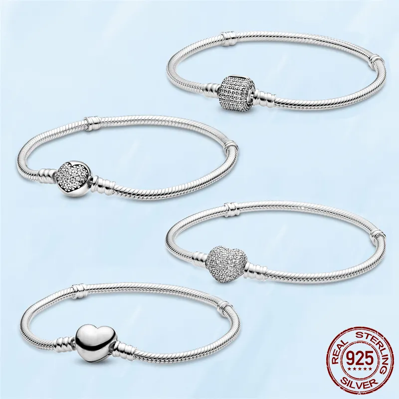 Damen-Armbänder, 925er-Sterlingsilber, Herz-CZ-Diamant, Schlangenketten-Armband, passend für Pandora-Charm-Perlen, feiner Schmuck, Geschenk mit Originalverpackung