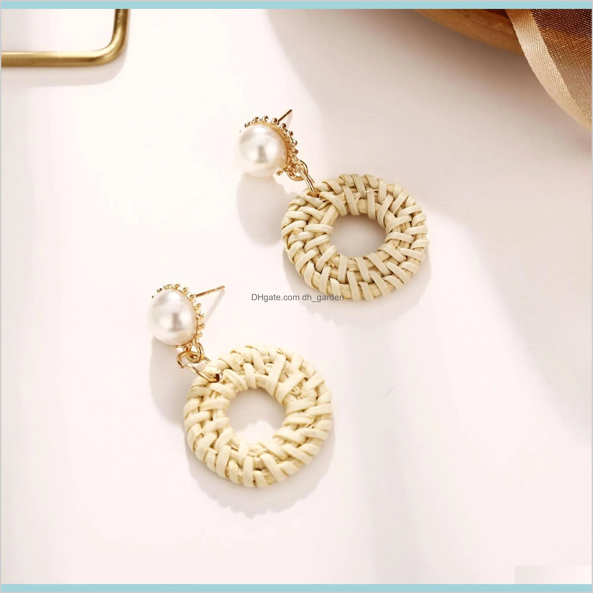 unique design small geometric stud earrings for women round circle earrings wooden imitation pearls creative woven beige earring