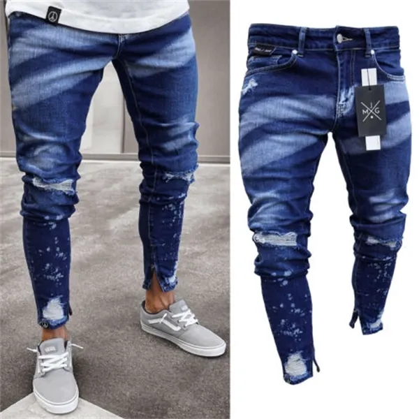 Calças de brim skinny rasgadas dos homens elegantes destruídos desgastados fino fit calças de denim calças x0621