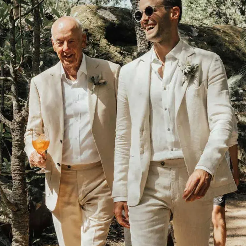 Beach Beige Linen Men Suits Slim Fit Summer Wedding Tuxedo for Groomsmen Casual Male Fashion Blazer with Pants 2 Pieces 2021 X0909