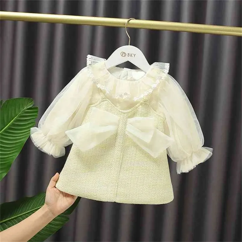 Baby Mesh Kleid Süße Frühling Herbst Säuglingskleidung Kinder Prinzessin Nette Bowknot Patchwork Rüschen Für Mädchen 12M-4Year 210625