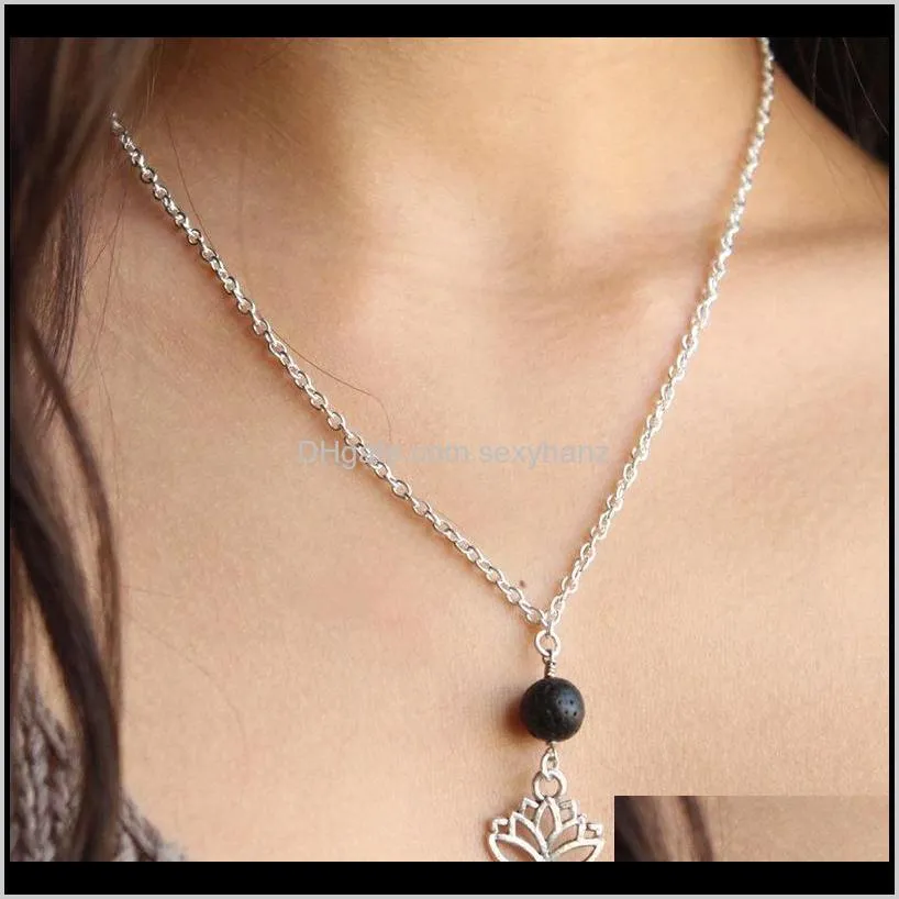 Pendants Lava-Rock Lotus Aromatherapy Essential Oil Diffuser Necklaces Natural Black Lava Bead Pendant Necklace Fashion