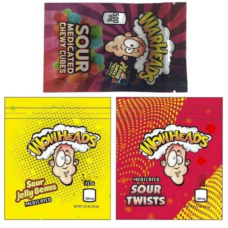 Wholesale Medicated warheads bags 500mg Sour twists jelly beans chewy cubes edibles packaging bag 3 types Candy smell proof resealable zipper pouch mylar packages