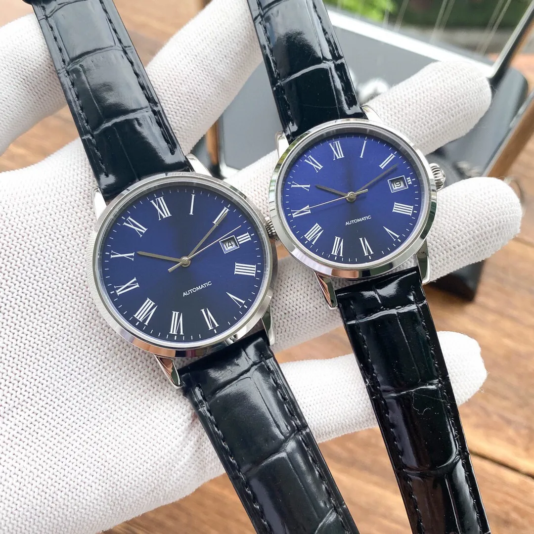 Couples décontractés montres mécaniques automatiques montre-bracelet en cuir véritable classique pour femmes hommes géométrique numéro romain horloge 35mm 40mm