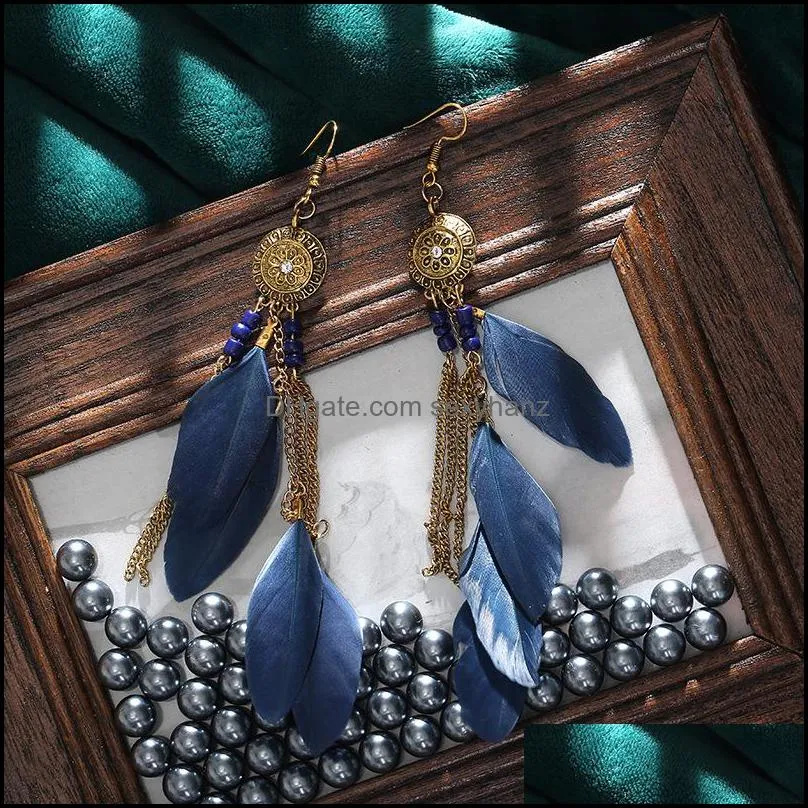 S1473 Bohemian Fashion Jewelry Vintage Feather Earrings Long Tassels Feather Dangle Earrings