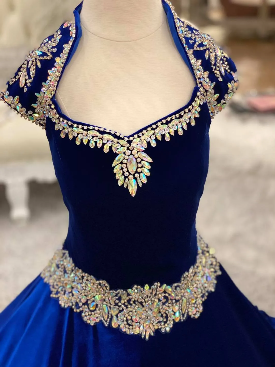 2021 Royal Blue Velvet Pageant Dress with Cap Sleeves, Beading, and Keyhole Back for Infant, Toddler, Teens - Perfect for Formal Parties and Ritzee