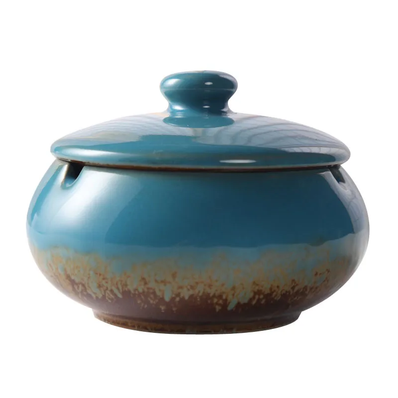 Reactive Glaze Ceramic Ashtray with Lid Windproof Cigarette Cigar Smoking Ash Tray for Home Office KTV Cafes Bar Hotel