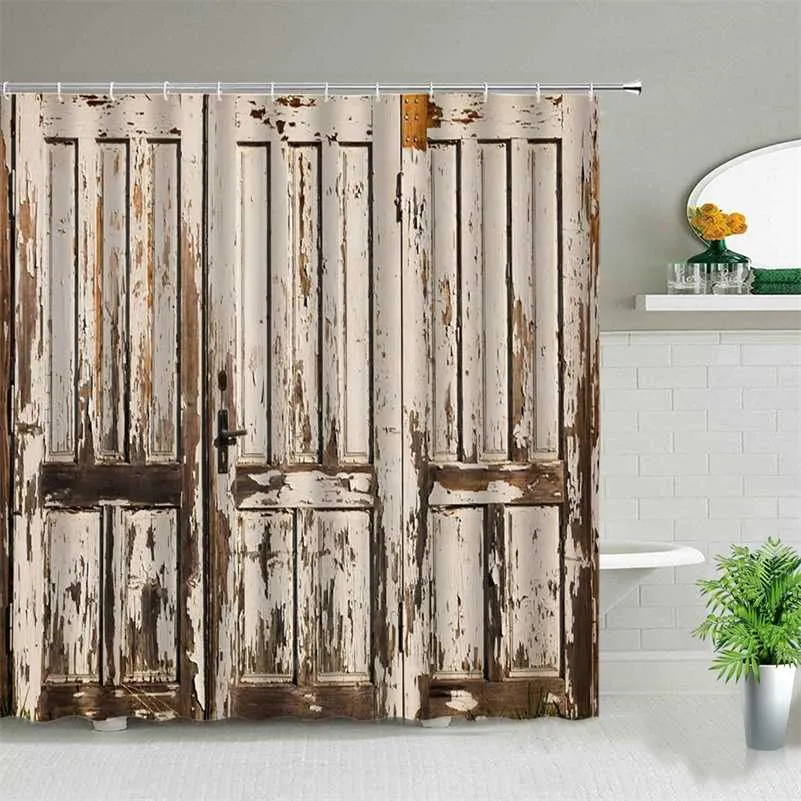 Gammal Vintage Wood Doors Dusch Gardiner Dekorativ Vattentät Polyester Tyg Badrum Gardin Set Hembad dekor med krokar 211116