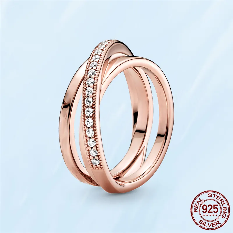 Verano nuevo 925 plata esterlina Crossover Pave Triple banda anillo para mujeres fiesta de boda moda dama joyería regalos novias ajuste 257b