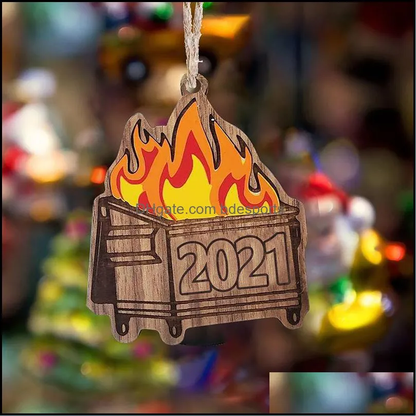 Christmas Decorations Diy Holiday Gift Tree Ornaments Wooden Tag On Fire Trash Can Pendant Home Decoration Items