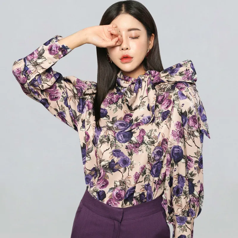 Nwinter Elegancki łuk wstążki Bluzki Kobiety Koreański Styl Kwiat Kwiatowe Koszule Ol Biurowe Nosić Halter Work Topy 210522