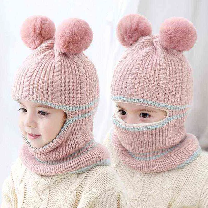 Шапочки Baby Hat Pompon Winter Hat для детей Дети Балаклава Крышка вязаная для мальчиков Девушки сплошной цвет Тепловые шапки Caps Y21111