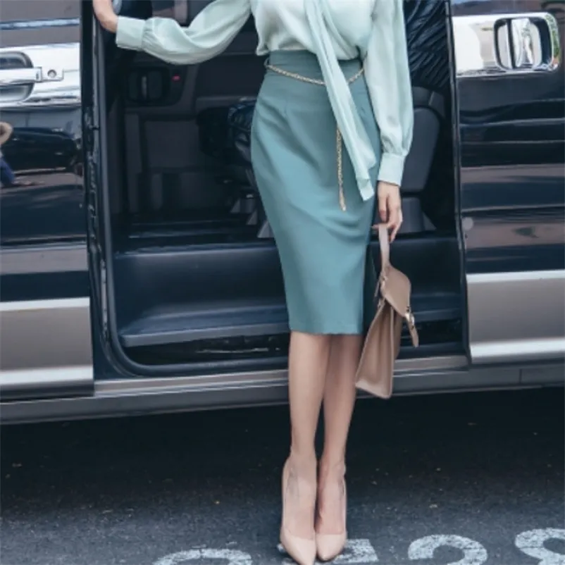 The autumn women's Korean fashion show thin high waist skirt skirts pure color 210621