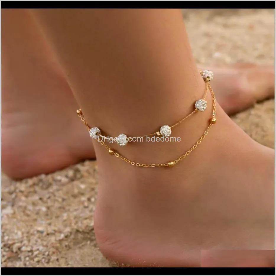 two layer anklet crystal setting ball charm snake bamboo bead chain gold silver plated with extend chain lobster clasp gift