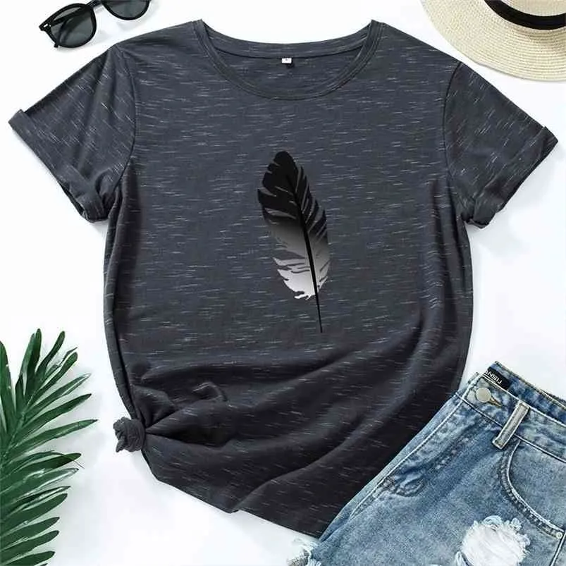 JCGO Women T Shirt Cotton Plus Size 5XL Casual Summer Feather Print Short Sleeve Loose Fashion Female Graphic Tee Shirts Tops 210729
