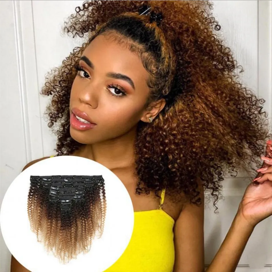 Kambodschanische 1B/4/27 Afro verworrene lockige Clip-in-Haarverlängerungen 8 Stück 120 gr/satz Ombre-Farben-Menschenhaarbündel