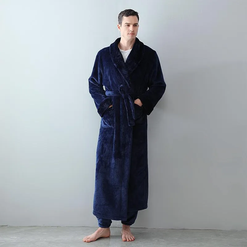 Men's Sleepwear Bathrobe Flannel Coral Fleece Nightgown French Pamas Winter Long Style Warmth Plus Thick Homewearmen's