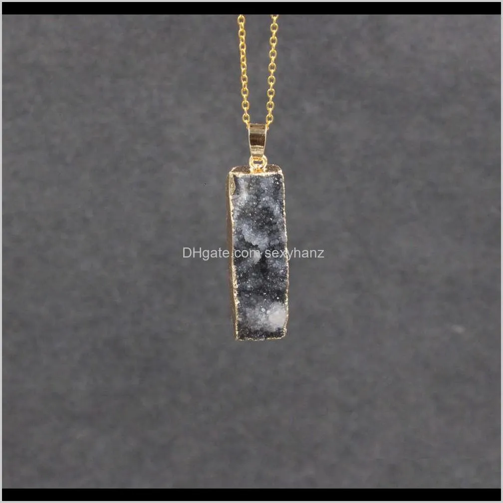 gold plated rectangular irregular natural stone pendant women`s crystal sweater necklace