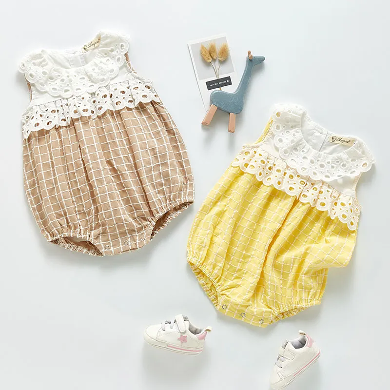 Söt baby flicka ärmlös ren färg prinsessa rompers född sommar barn spädbarn kläder jumpsuits 210429