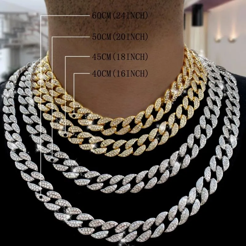 Łańcuchy Iced Out Cuban Link Łańcuch Betonowy Rhinestone Miami Gold Silver Color Cyrkon Bling Naszyjnik Dla Mężczyzn Hiphop Biżuteria