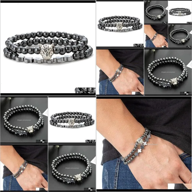 popular jewelry magnetic environmental protection black gallstone men`s leopard head set bracelet