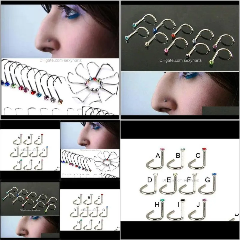 screws nose studs nose ring gem mixed color body piercing jewelry 316l stainless steel 100pcs/lot