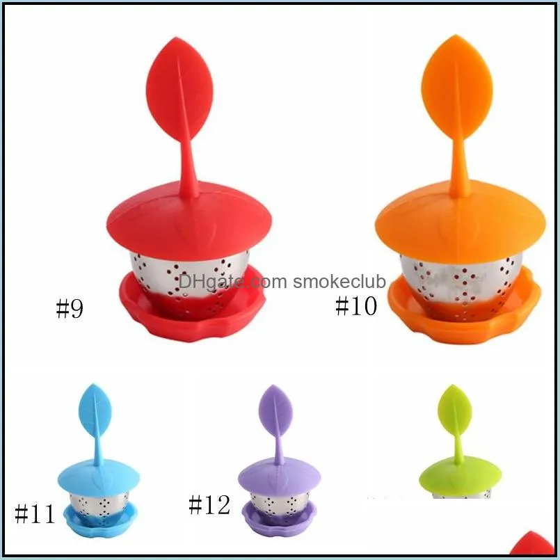 Tea Strainer 7 Colors Silicone Infuser Reusable Tea Strainer Sweet Leaf With Drop Tray Novelty Ball Filter Tea Tool EEA849