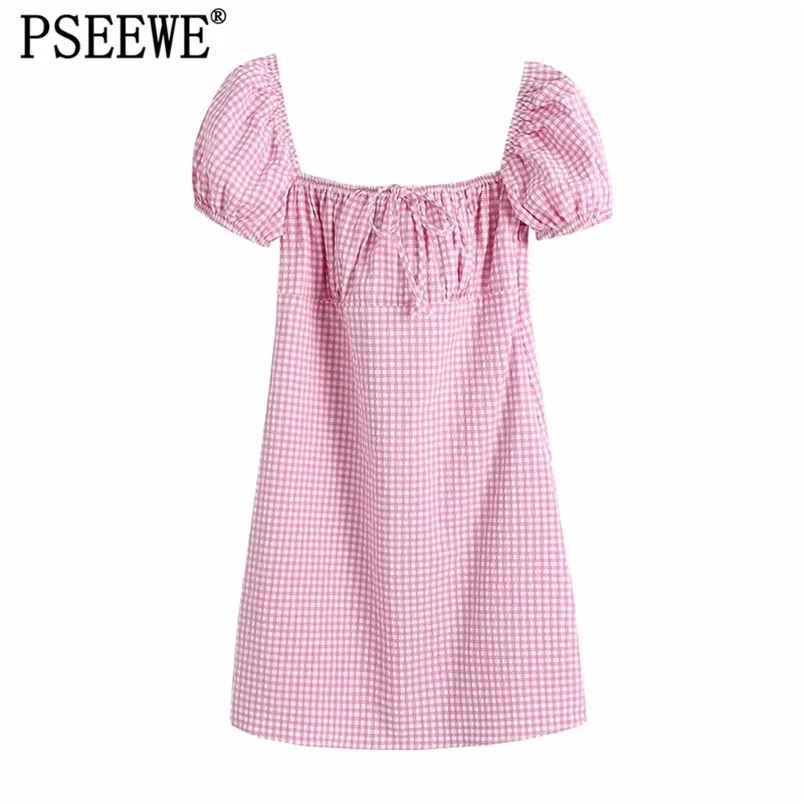 Pink Plaid Mini Dress Women Summer Square Neck Short Puff Sleeve Woman es Elastic Back Cute For Girls 210519