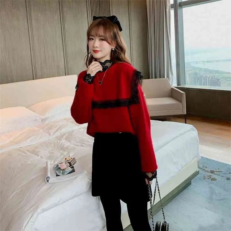 Wiosna i jesień luźny Koreański Sweet-redukujący sweter Kobiety Moda Dzikie Koronkowe Szwy 210427