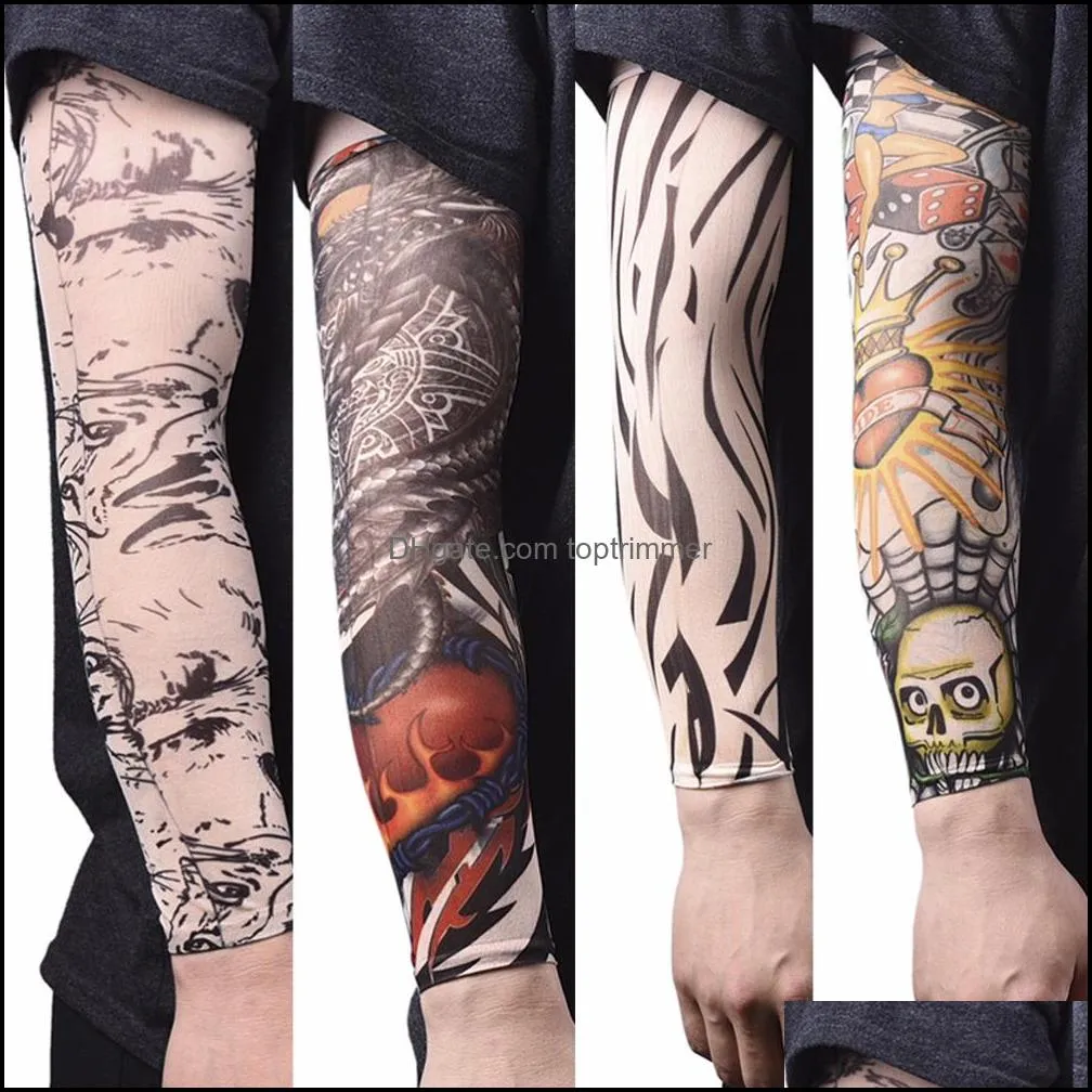 Tatuaże sztuka zdrowie uroda cieplej Nylon elastyczny fałszywy tymczasowy tatuaż rękawy wzory Body Arm Pończochy tatuaż dla fajnych mężczyzn kobiety szybki spadek