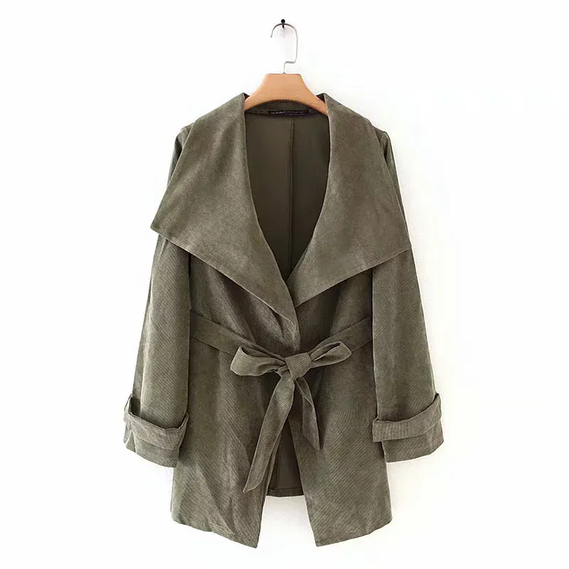 Mujeres Green Fashion Corduroy Big Collar Chaqueta suelta Chic Manga larga con Blet Outwear Chaquetas Chaqueta Mujer 210421