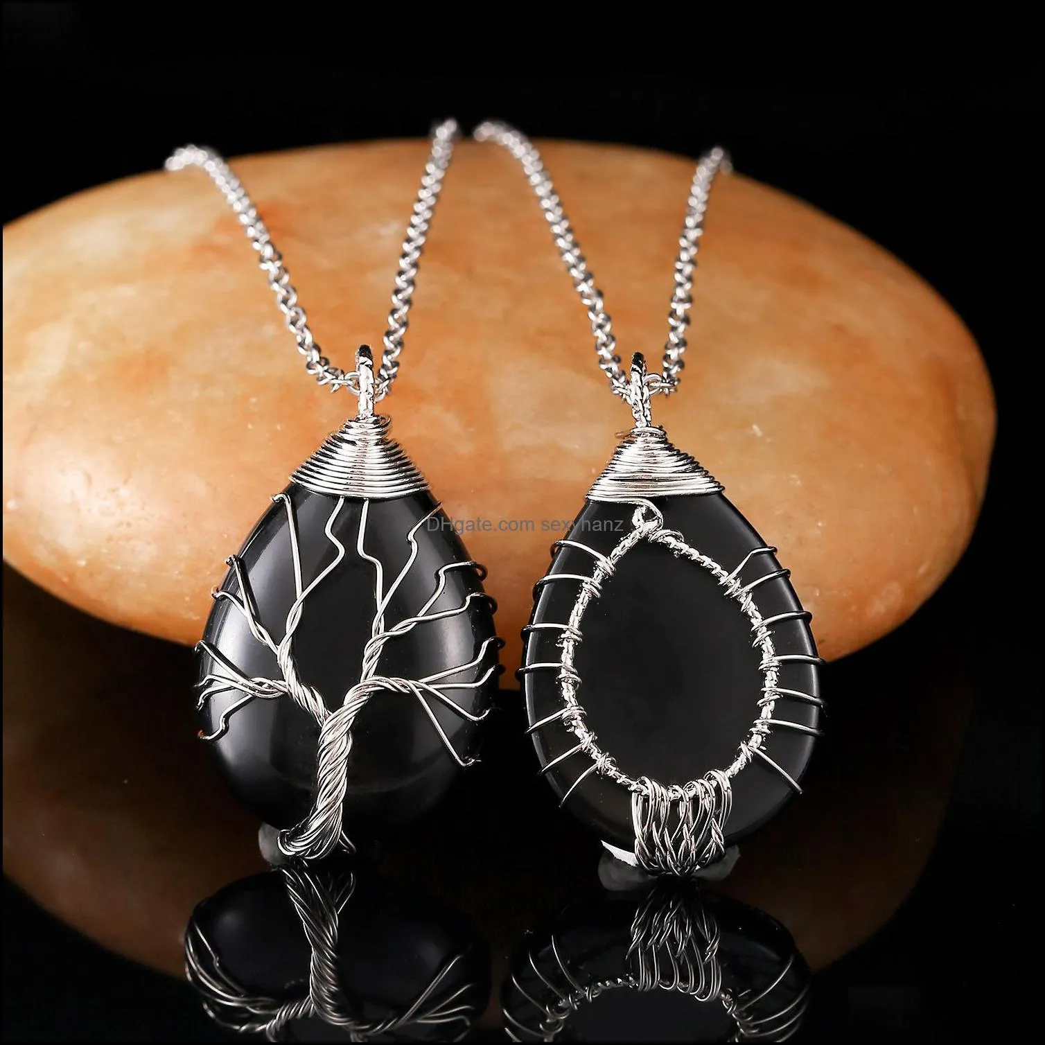 Wire Wrapped tree of life Chakra Teardrop Pendant Healing Crystal Energy Stone Quartz Necklaces Fashion Women Men Jewelry Wholesale