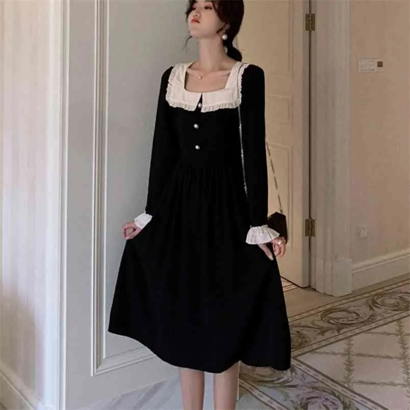 Robe Ete Femme Höst Koreanska Elegant Vintage Black Long Dress Fashion Sleeve Party Vestidos Damkläder 210514