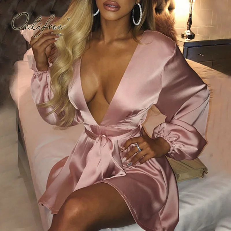 Summer Women Party Long Sleeve Pink Belted Sexy Backless Mini Satin Dress 210415