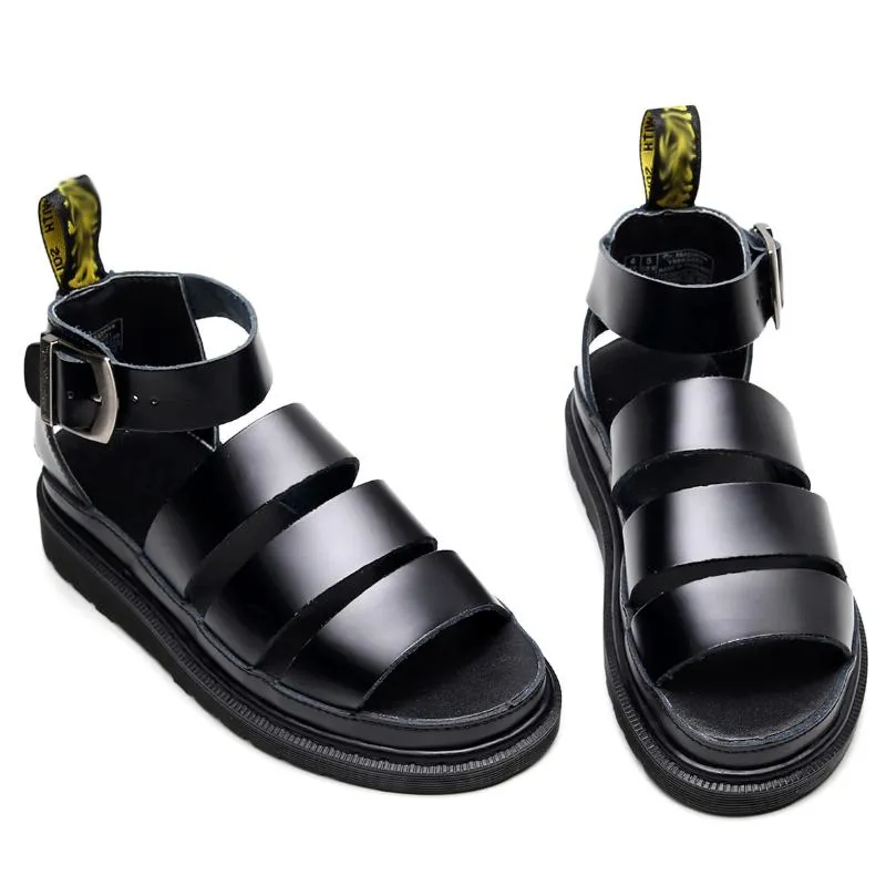 Sandalen Clarissall Zwart Lederen Dames Drie gesp Platform Street Style Flats Romeinse schoenen