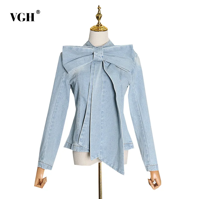 VGH 캐주얼 패치 워크 Bowknot 데님 셔츠 여성용 활 칼라 긴 소매 슬림 블라우스 여성 패션 새로운 의류 가을 210421