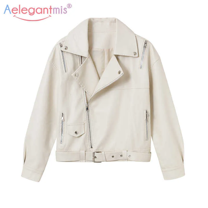 Aelegantmis Chaqueta de cuero de imitación recortada Mujeres con cinturón Coreano suelto Vintage Negro Motocicleta PU Casual Outwear 3 colores 210607