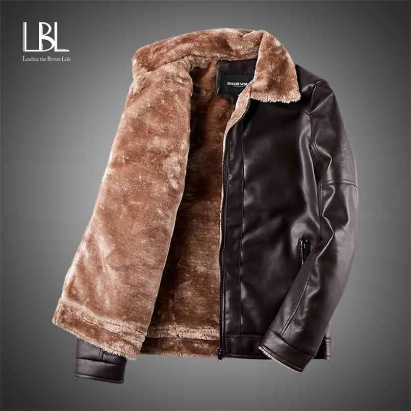 Winter Men Leather Jacket Vintage Motorcycle Fur Lined Lapel Faux