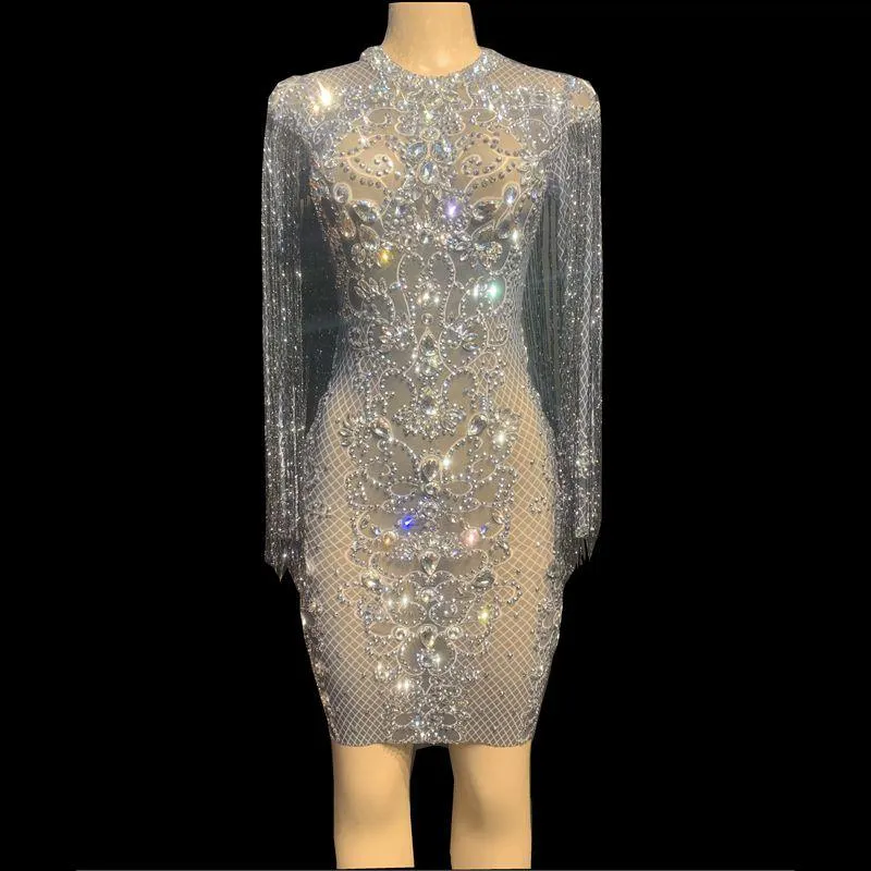 Casual Dresses Sparkly Rhinestones Fransar Se igenom Kort Klänning Kvinnor Bröllopsfödelsedag Fira Prom Party Outfit Bar Dance Wear