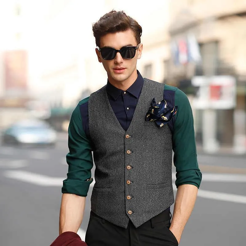 Men's Vests Suit Vest V Neck Wool Herringbone Tweed Casual Waistcoat Formal Business Groosmen For Men Wedding