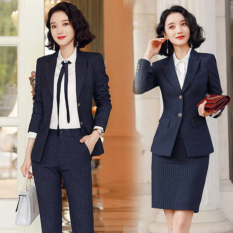 Business Women's Formal Wear High Quality Female Suit Skirt Two-piece  Autumn and Winter Striped Ladies Jacket Slim-fit 210527
