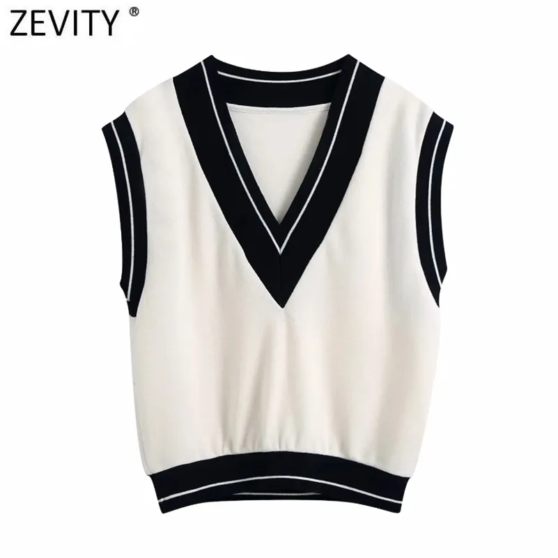 Women Fashion Black White Color Patchwork Ribbed Trim Loose Vest Sweater Lady V Neck Sleeveless Waistcoat Chic Tops SW696 210416
