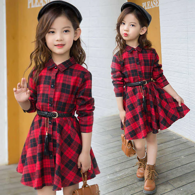 Elegant Girls Casual Long Sleeve Plaid Shirt Dress With Belt Fashion Teenager Blouse Dresses 4 5 6 7 8 9 10 11 12 13 Years Q0716