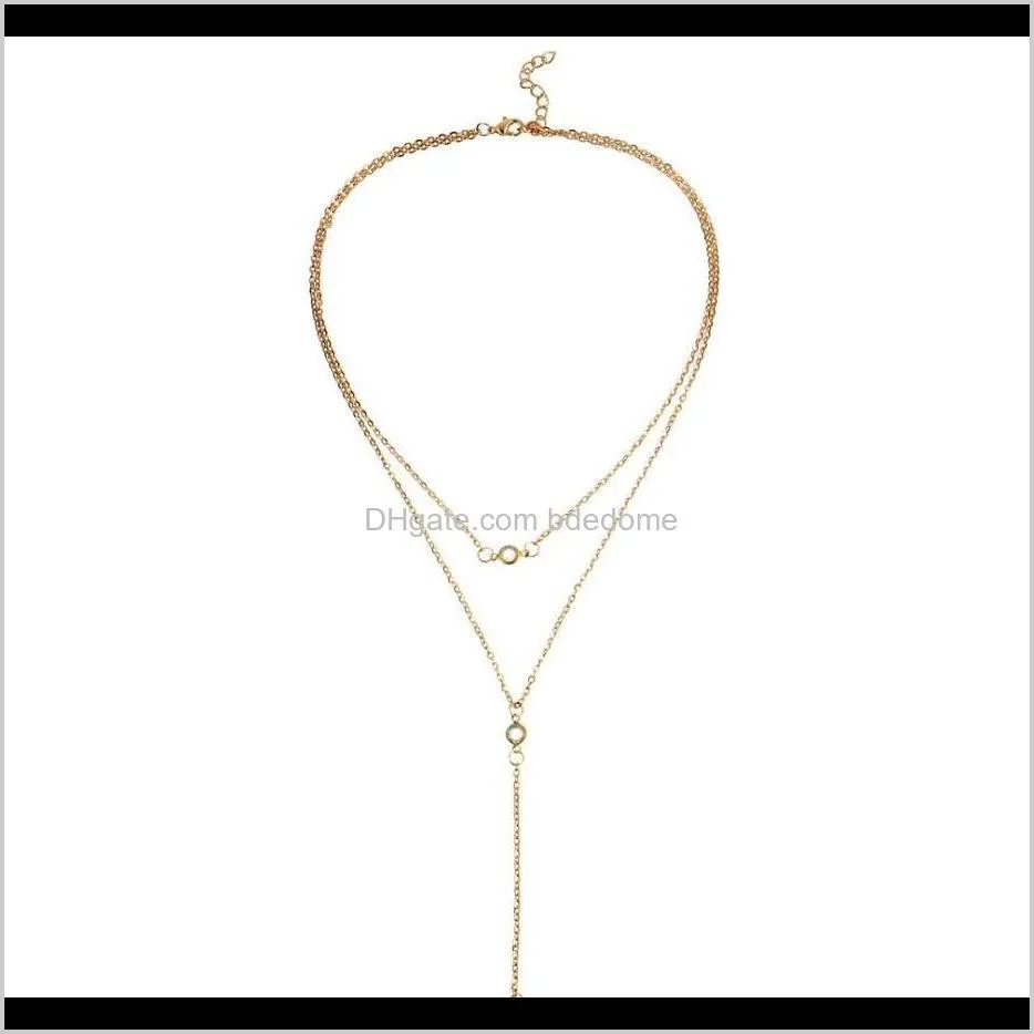 sexy necklace simple style round crystal pendant silver gold plated metal chain women girls two layer necklace