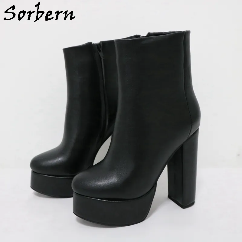 Sorbern Black Block Heel Women Boots Synlig Platform Ankel High Booties Chunky High Heels Runda Toe Winter Styles Custom Color