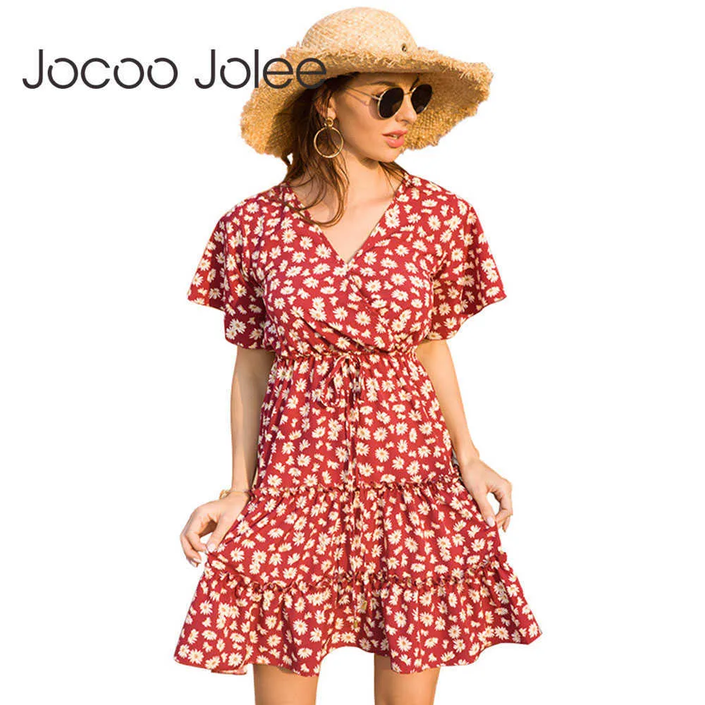 Jocoo jolee Женская повседневная короткая рукава V шеи линия платье элегантное boho цветочные принты оружия шнурок оборками мини платье пляжный сарафан 210619