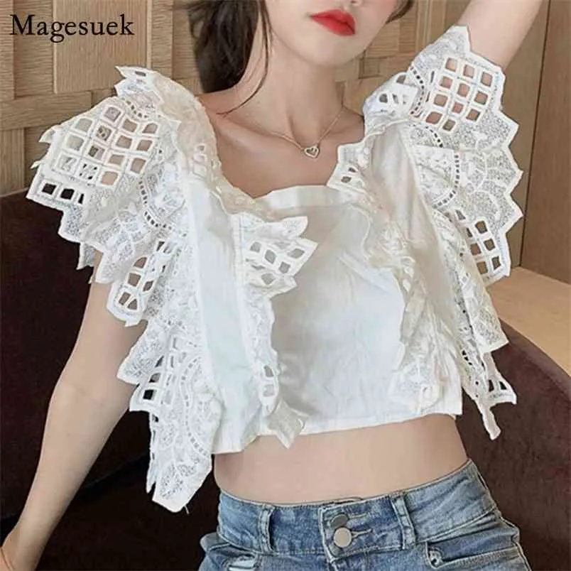 Coréen Sexy Creux Out Chemise Blanche Femmes Doux Dos Nu Bow Sans Manches Dames D'été Blouse Col Carré Style Court Tops 14591 210512