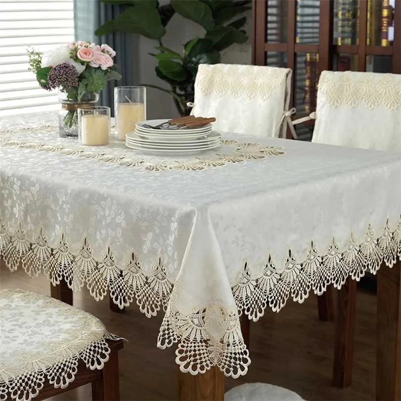 テーブルクロスクリームラグジュアリー刺繍美しいレース長方形テーブルクロスダイニングテーブルカバー中空アウト丸タオル211103