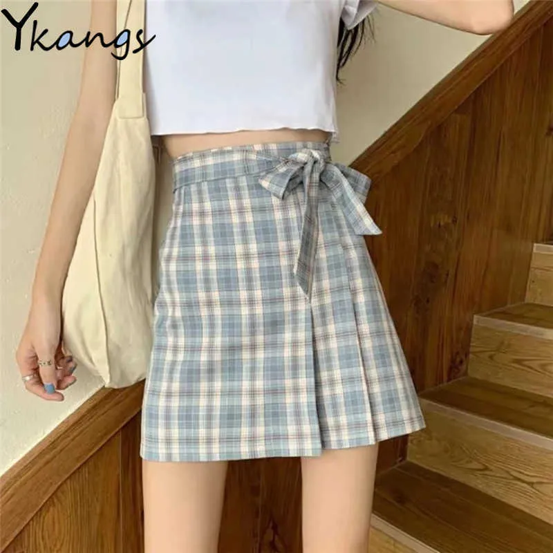 Zomer Plaid Strik Binden Riem Skiet Mini Rokken Vrouwen Hoge taille Harajuku Plooirok Koreaanse Vintage Korte 210619